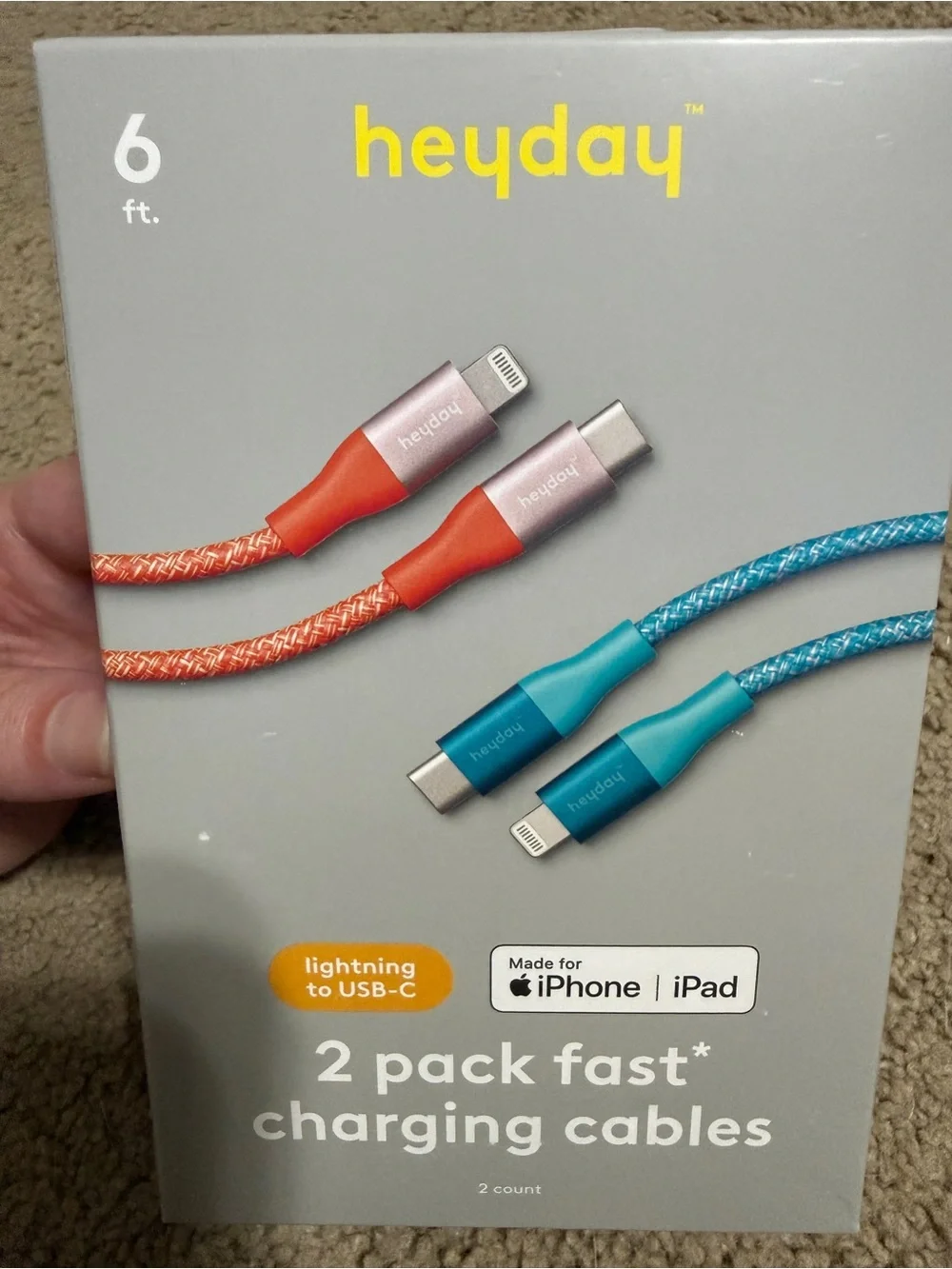 heyday Braided Lightning to USB-C Fast Charging Cables — Orange & Teal, 2-Pack